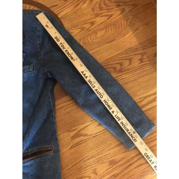 Jl Colebrook VTG 90’s Boxy Denim Blazer 2 Button Leather Detailing Pockets SM - Picture 6 of 12